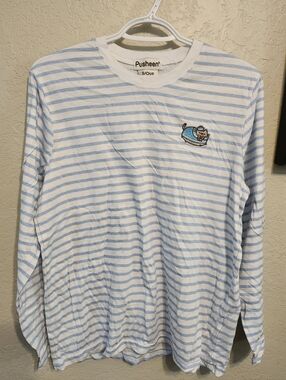 Pusheen Light Blue & White Striped Long Sleeve Shirt with Embroidered Cat Small